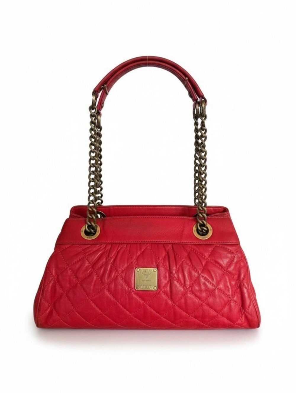 MCM Quilted Red Leather Chain-Handle Crossbody Bag